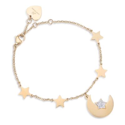 Bracelet en acier doré IP avec lune, étoiles, cristal blanc