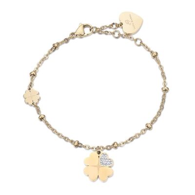 Pulsera de acero IP dorado con tréboles de cristales blancos