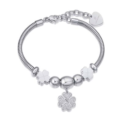 Four-leaf clover steel bracelet with white crystals, four-leaf clovers