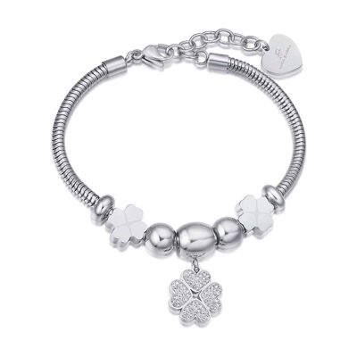 Bracelet acier trèfle à quatre feuilles avec cristaux blancs, trèfles à quatre feuilles