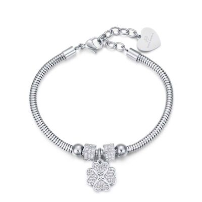 Four-leaf clover steel bracelet and white crystals