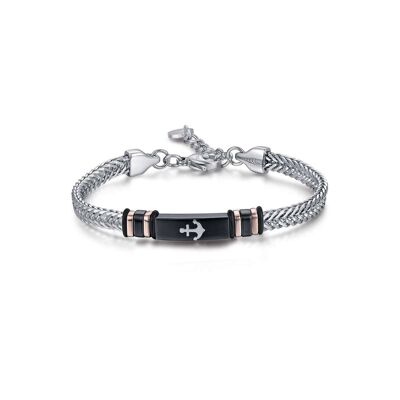 Steel bracelet, black IP steel plate with anchor