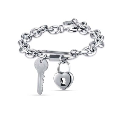 Bracelet en acier avec clé et cadenas coeur