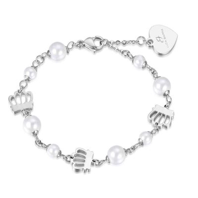 Steel bracelet with crowns and white pearls