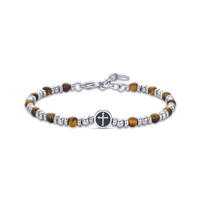 Steel bracelet with cross and tiger eye