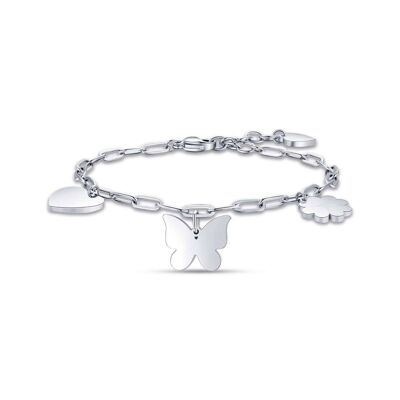Steel bracelet with butterfly heart and four-leaf clover