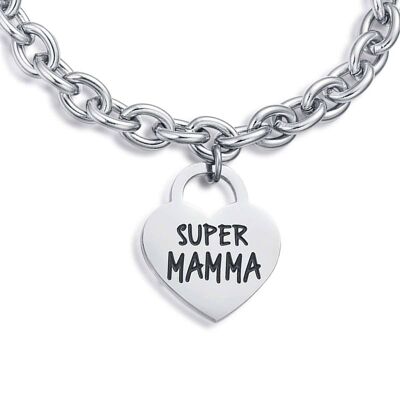 Steel bracelet with super mom heart