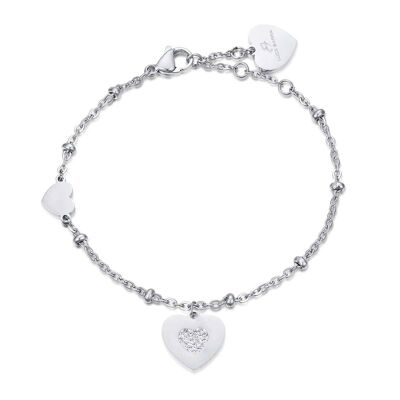 Steel bracelet with hearts with white crystals