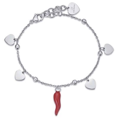 Steel bracelet with hearts and red horn