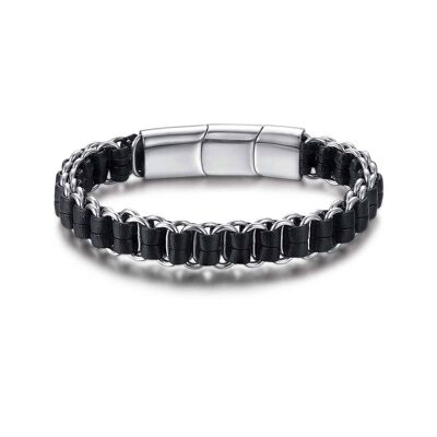 Bracelet en acier avec éléments en cuir noir