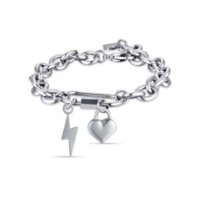 Steel bracelet with lightning bolt and heart