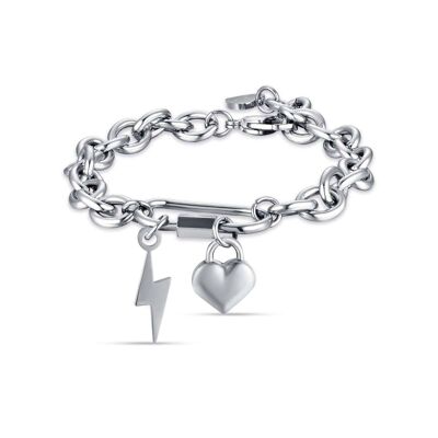 Bracciale in acciaio con fulmine e cuore