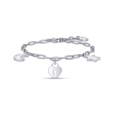 Steel bracelet with padlock heart moon and star