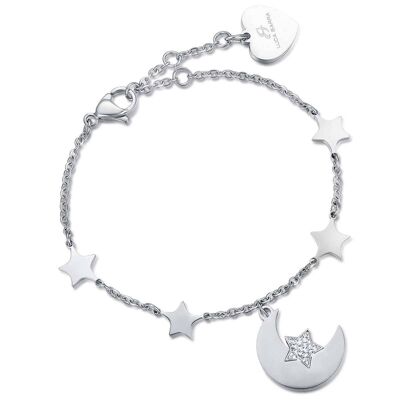 Bracciale in acciaio con luna e stelle e cristallo bianco