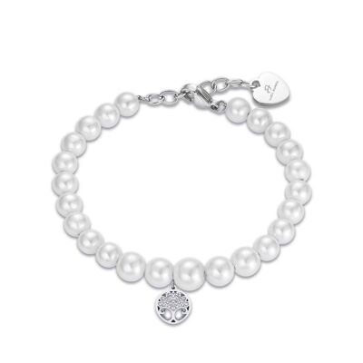 Bracelet en acier avec perles blanches et arbre de vie