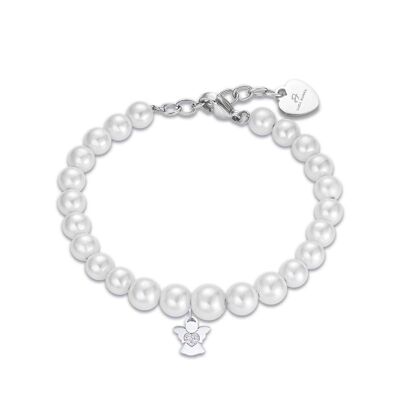 Bracelet en acier avec perles blanches et ange