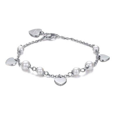 Steel bracelet with white pearls and hearts