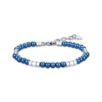 Pulsera de acero con piedras azules y elementos de acero.