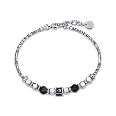 Steel bracelet with black stones with wind rose symbol