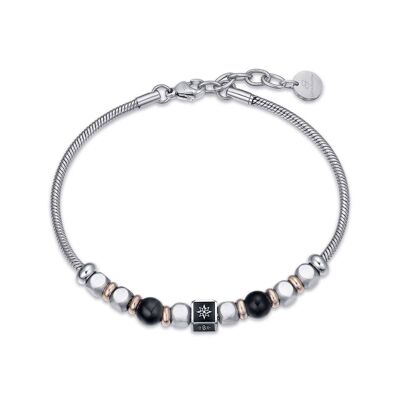 Bracelet en acier avec pierres noires avec symbole rose des vents