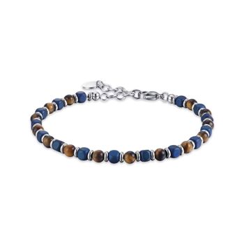 Bracelet en acier avec oeil de tigre et pierres bleues
