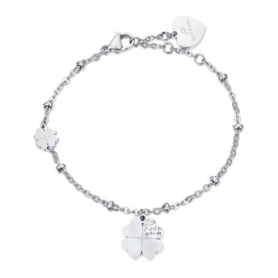 Steel bracelet with four-leaf clovers with white crystals