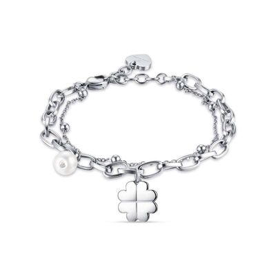 Steel bracelet with four-leaf clover and pearls