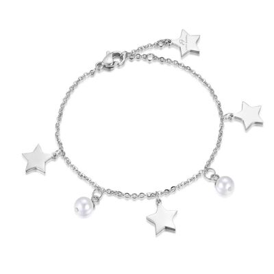 Steel bracelet with stars and white pearls