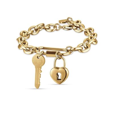 Bracelet en acier IP doré avec clé et cadenas coeur