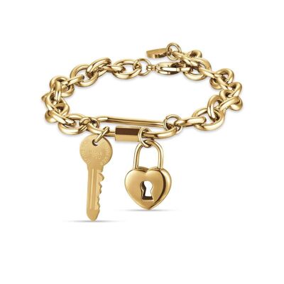 Bracciale in acciaio ip gold con chiave e cuore lucchetto