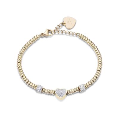 IP gold steel bracelet with heart with white crystals