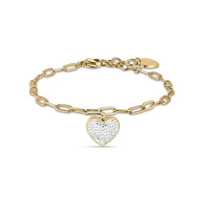 Gold ip steel bracelet with heart and white crystals