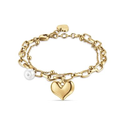 IP gold steel bracelet with heart and pearls