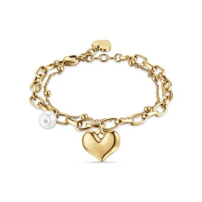 Bracciale in acciaio ip gold con cuore e perle