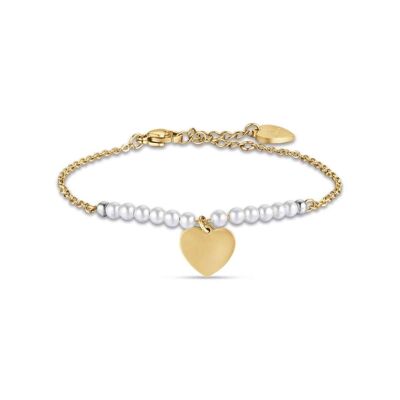 Bracelet en acier IP doré avec cœur et perles blanches