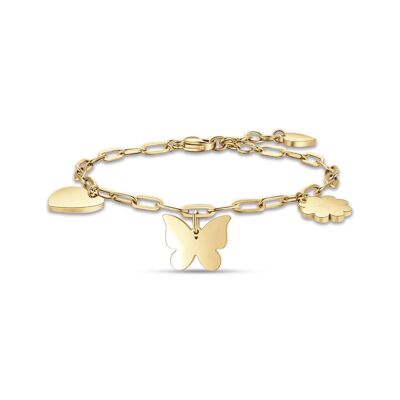 Brazalete de acero IP dorado con corazón de mariposa