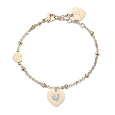 IP gold steel bracelet with hearts with white crystals