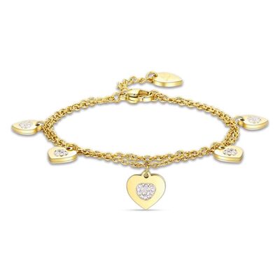 IP gold steel bracelet with hearts and white crystals