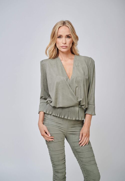 The Larissa Crystal Pleated Suede Look Wrap Top khaki