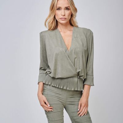 The Larissa Crystal Pleated Suede Look Wrap Top caqui
