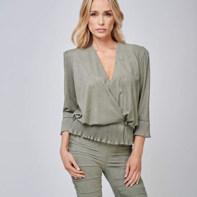 The Larissa Crystal Pleated Suede Look Wrap Top kaki