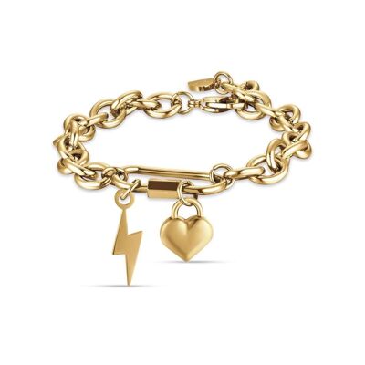 Brazalete de acero IP dorado con rayo y corazón