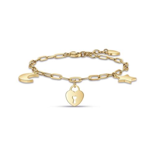 Bracciale in acciaio ip gold con luna cuore lucchetto