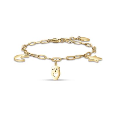 Gold IP steel bracelet with owl moon and star