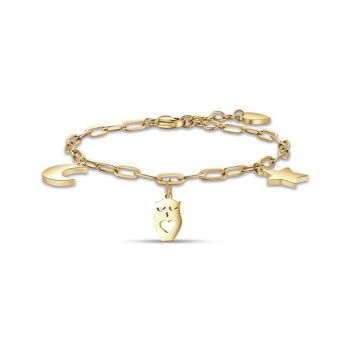 Bracelet en acier IP doré avec chouette lune et étoile