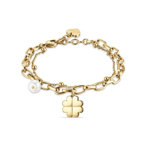 Bracciale in acciaio ip gold con quadrifoglio e perle