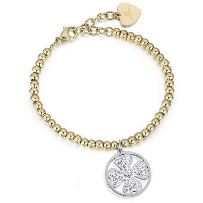 IP gold steel bracelet with steel four-leaf clover