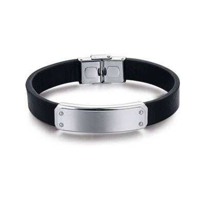 Black leather bracelet with steel plate