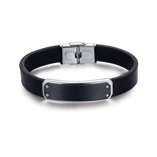 Bracciale in cuoio nero con piastra in acciaio ip nero