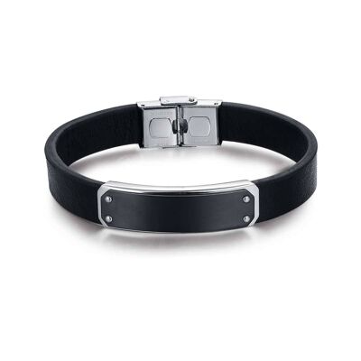 Black leather bracelet with black IP steel plate